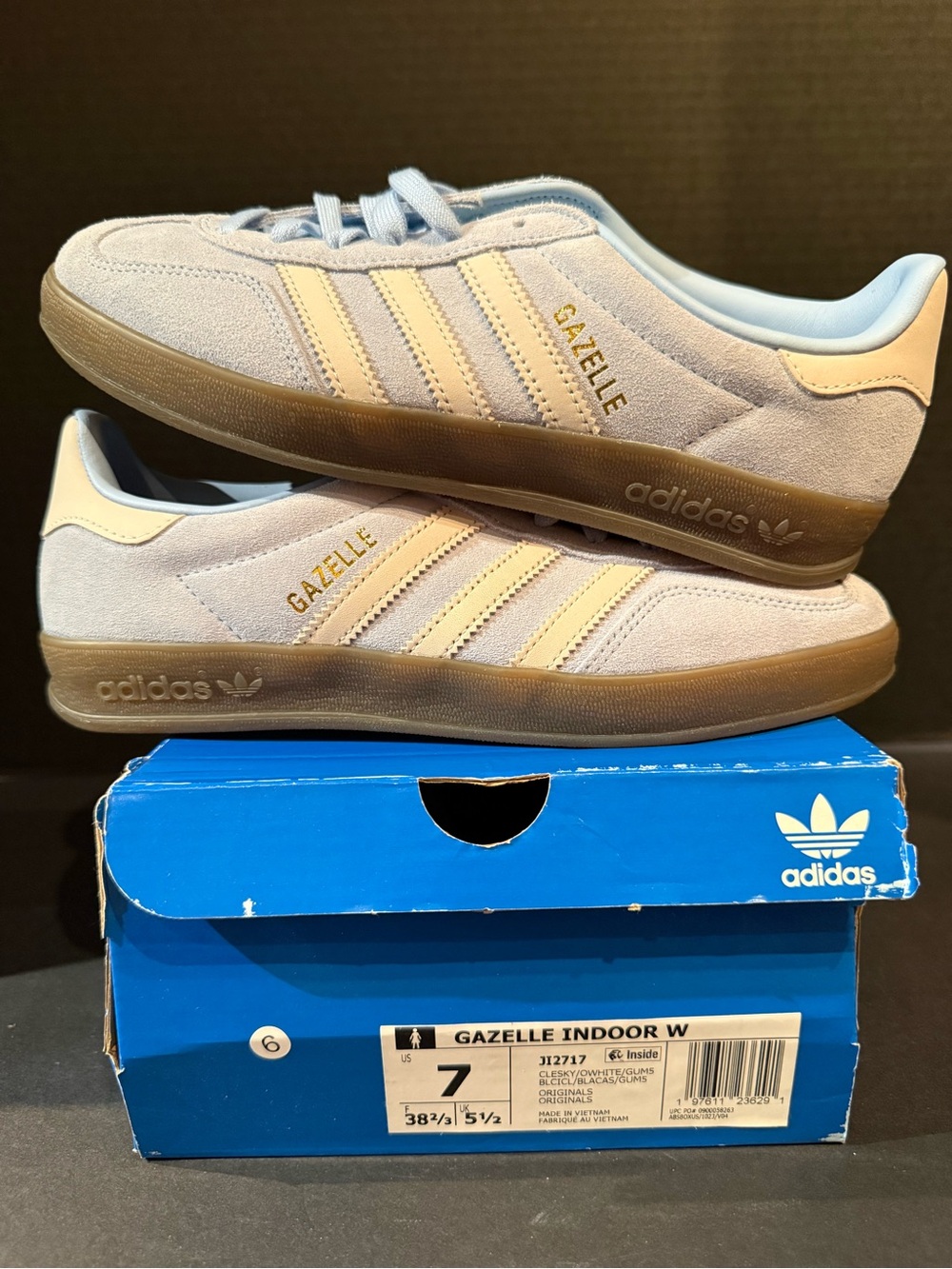 adidas women’s Gazelle Indoor Sneakers in Light Blue and Cream Gum 7W